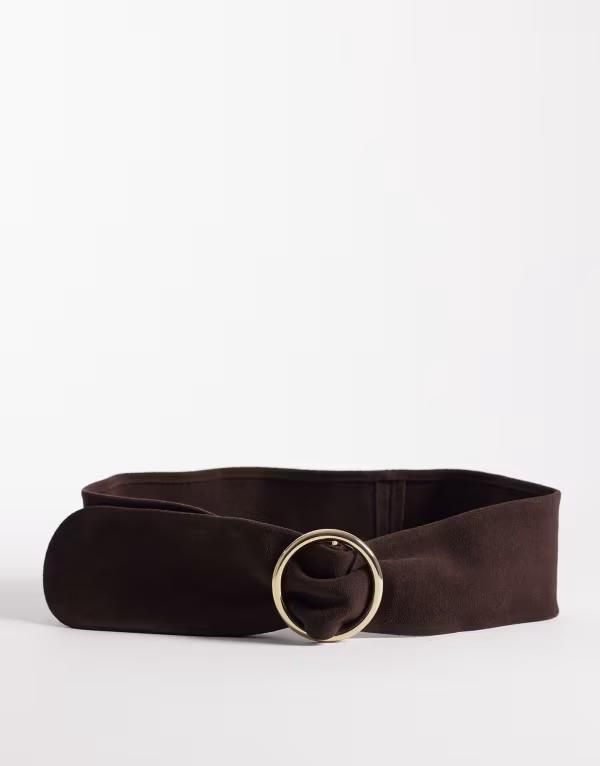 マンゴ レディース アクセサリー ベルト スエード Mango wide suede belt with goldtone hoop detail BROWN ブラウン