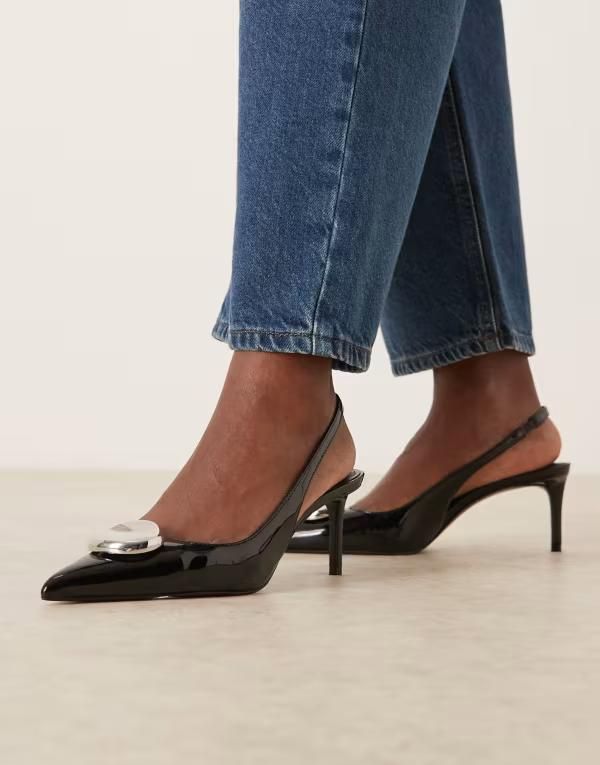 マンゴ レディース シューズ ヒール Mango pointed toe slingback heels with statement hardware Black ブラック