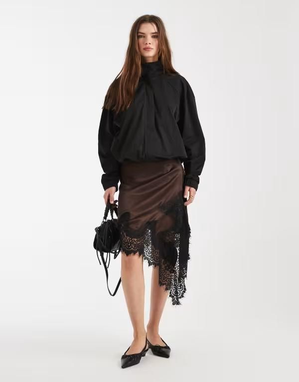 エイソス レディース ボトムスカート アシンメトリー レーストリム ミニ サテン レース ASOS DESIGN satin asymmetric lace trimini skirt in chocolate チョコレート