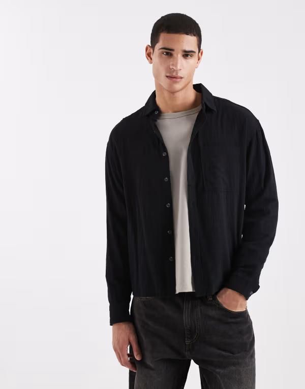 コットンオン メンズ トップス シャツ Cotton long sleeve shirt in washed TEXTURED WASHED BLACK ブラック