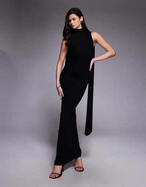 エイソス レディース トップス ワンピース タイディテール ドレープ マキシ ホルター ASOS DESIGN draped halter maxi dress with scarf tie detail Black ブラック