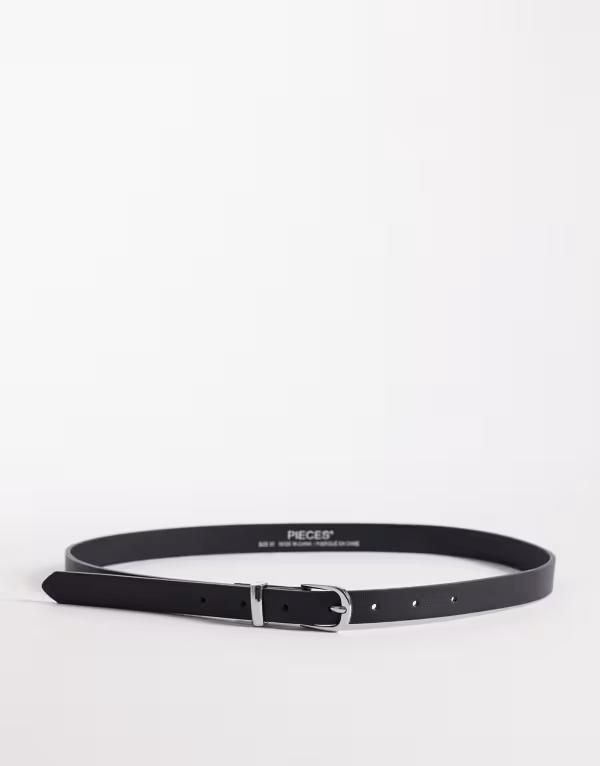 ピーシーズ レディース アクセサリー ベルト レザー フェイクレザー PIECESkinny faux leather belt and sliver Black ブラック