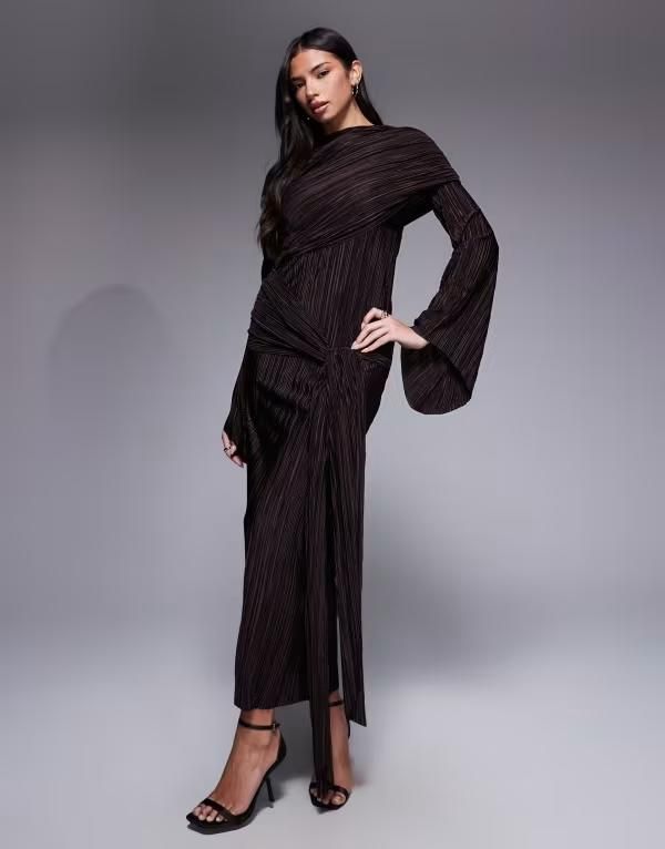 エイソス レディース トップス ワンピース マキシ ASOS DESIGN plisse maxi dress with draping detail in chocolate チョコレート