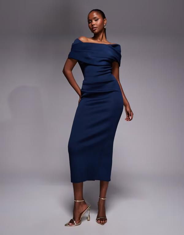 エイソス レディース トップス ワンピース ギャザー ミディ スキューバ ASOS DESIGN ruched off the shoulder midi dresscubastyle fabric Navy ネイビー