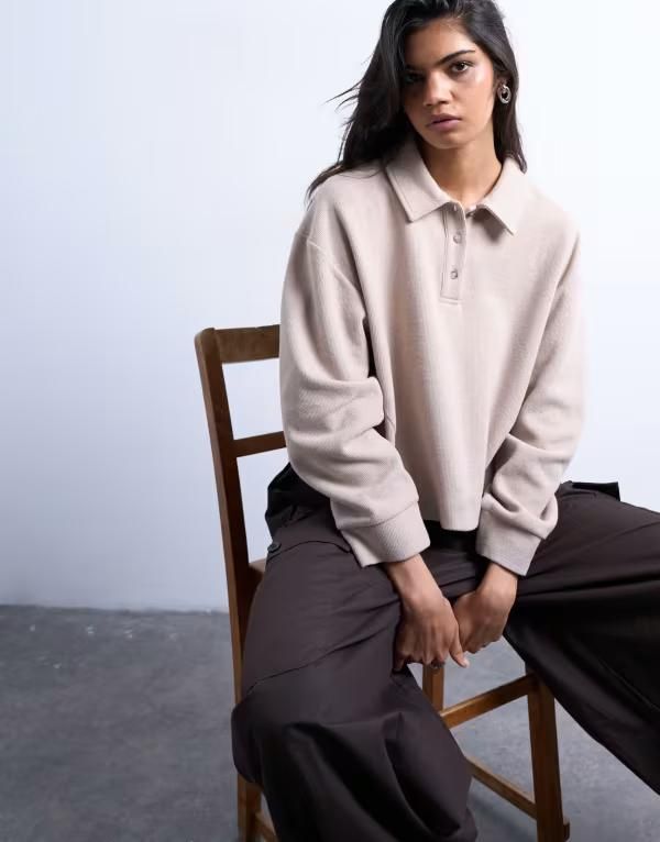 トップショップ レディース トップス Tシャツ ポロシャツ Topshop soft touch boxy long sleeve polo shirt in taupe Taupe トープ