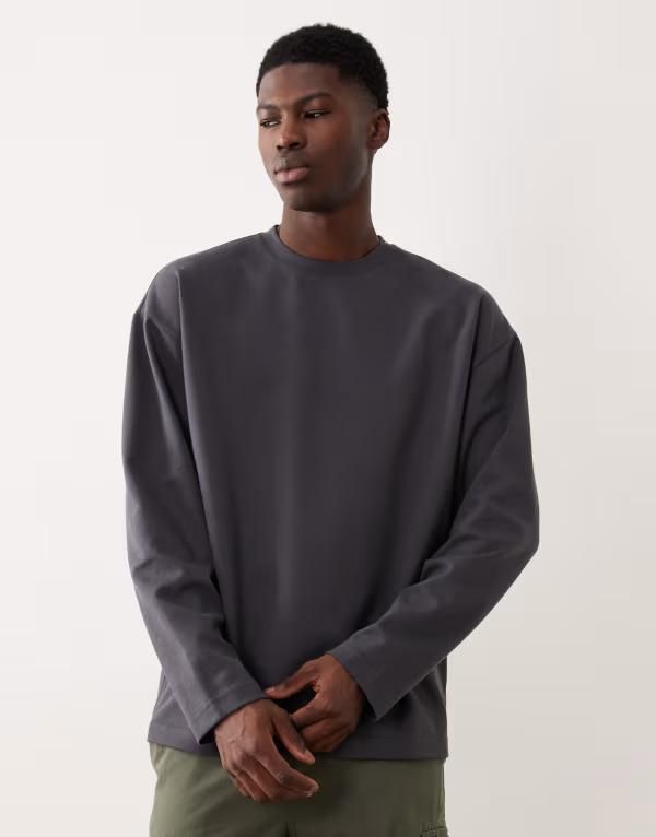 エイソス メンズ トップス Tシャツ コットン ASOS DESIGN breatheMAX heavyweight oversized long sleeve tshirt in charcoal cotton blend Asphalt チャコール