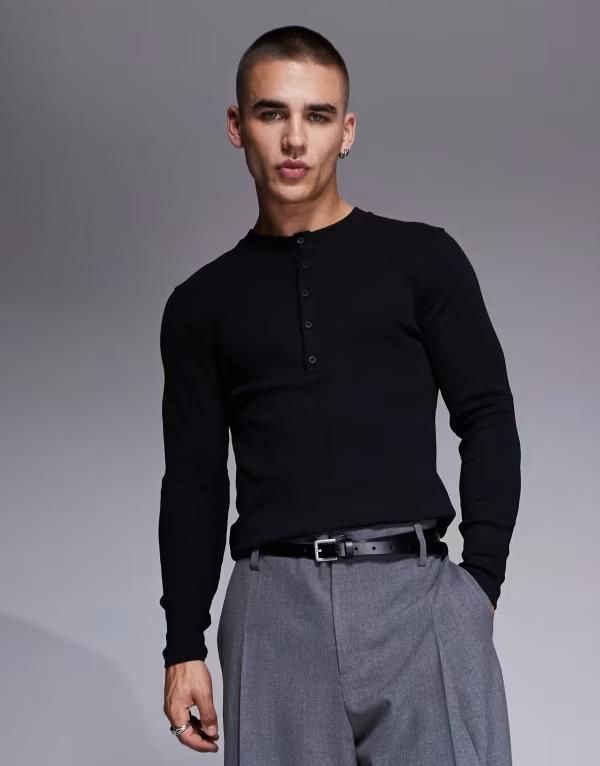 エイソス メンズ トップス Tシャツ ヘンリーネック シャツ ASOS DESIGN muscle fit long sleeve Tshirt with henley neck rib Black ブラック