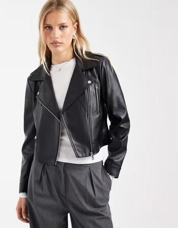 オンリー レディース アウター ジャケット・ブルゾン レザー フェイクレザー ONLY faux leather boxy moto jacket Black ブラック