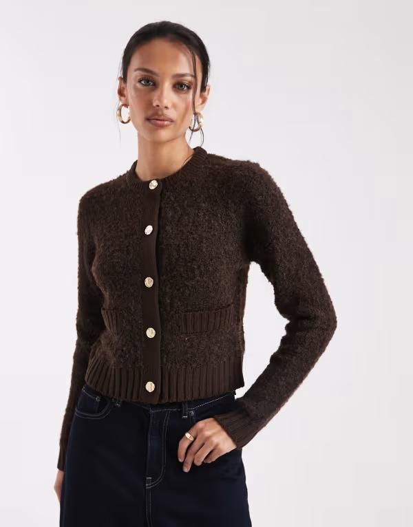 ブレーブソウル レディース アウター カーディガン コントラスト Brave Soul cardigan with contrast buttons and pocket detail in chocolate BROWN ブラウン