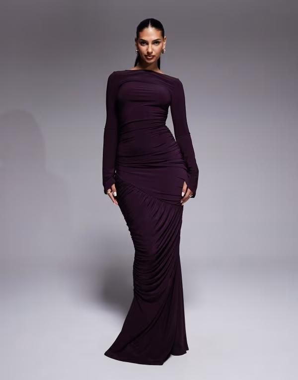 エイソス レディース トップス ワンピース マキシワンピース マキシ ASOS DESIGN sculpting gauged paneled maxi dress with long sleeves in plum Plum プラム