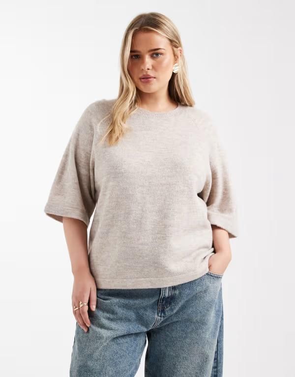 オンリーカーブ レディース アウター ニット・セーター ONLY Curve 34 sleeve knit sweater in stone ストーン