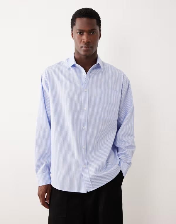 エイソス メンズ トップス シャツ ASOS DESIGN oversized striped shirt and Blue White Stripe ホワイト