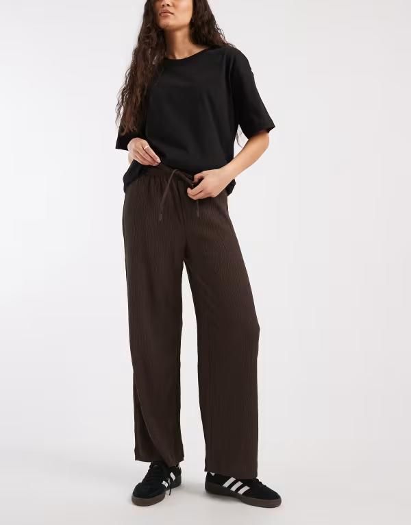オンリー レディース ボトムス カジュアルパンツ ワイドレッグ ONLY pliss wide leg pants BROWN ブラウン