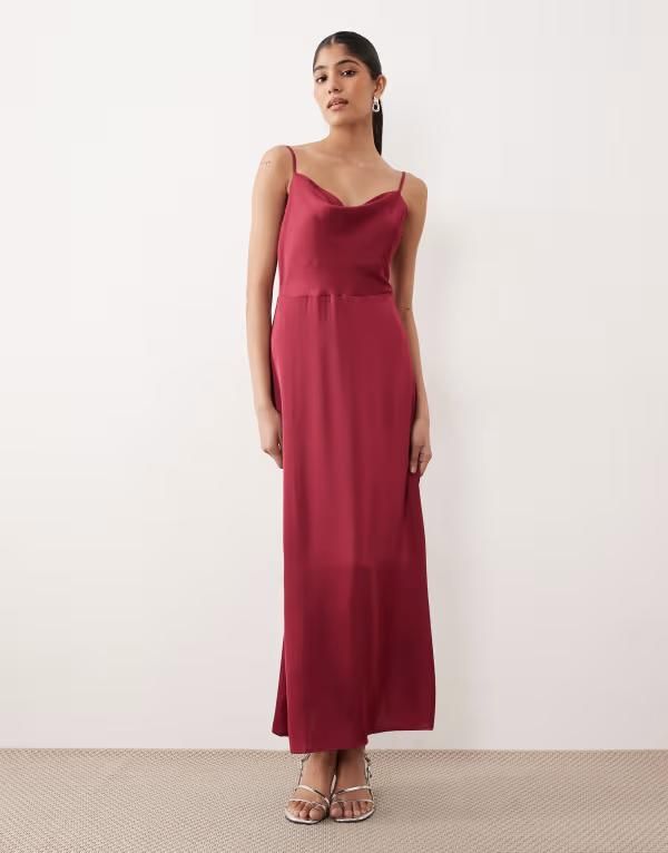 ヴィラ レディース トップス ワンピース サテン マキシ VILA satin cowl neck cami maxi dress Anemone バーガンディ
