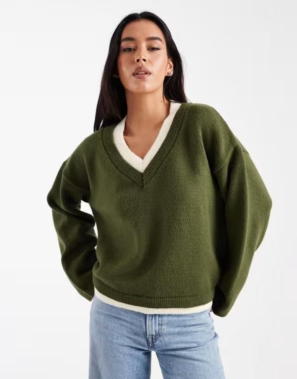 エイソス レディース アウター ニット・セーター Vネック ASOS DESIGN knit vneck sweater with double layer effect Khaki カーキ 9,571円