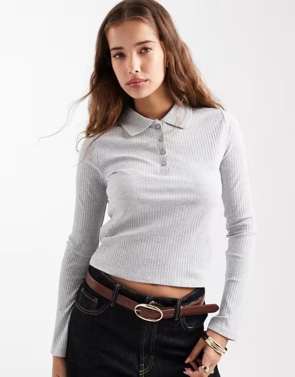 マンゴ レディース トップス ポロシャツ Tシャツ Mango Teen long sleeve polo top Gray グレー