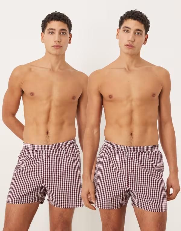 エイソス メンズ アンダーウェア ボクサーパンツ ギンガムチェック ギンガム ASOS DESIGN 2 pack woven boxers gingham plaid Port royale バーガンディ