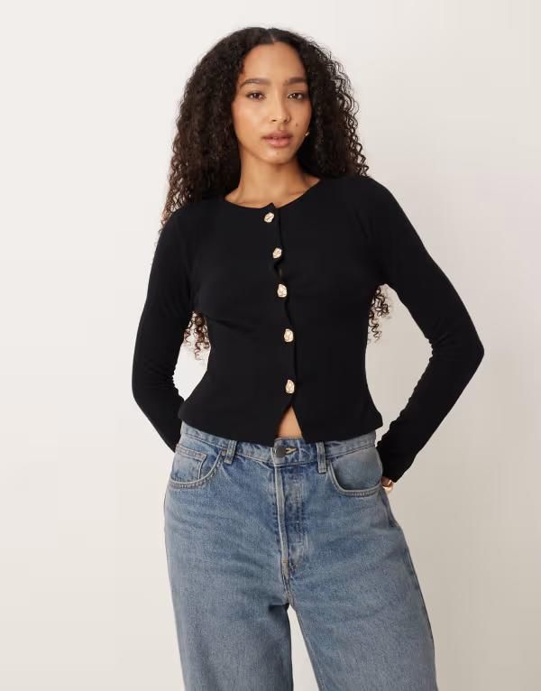 エイソス レディース アウター カーディガン ASOS DESIGN supersoft neat fit cardigan with gold button detail Black ブラック