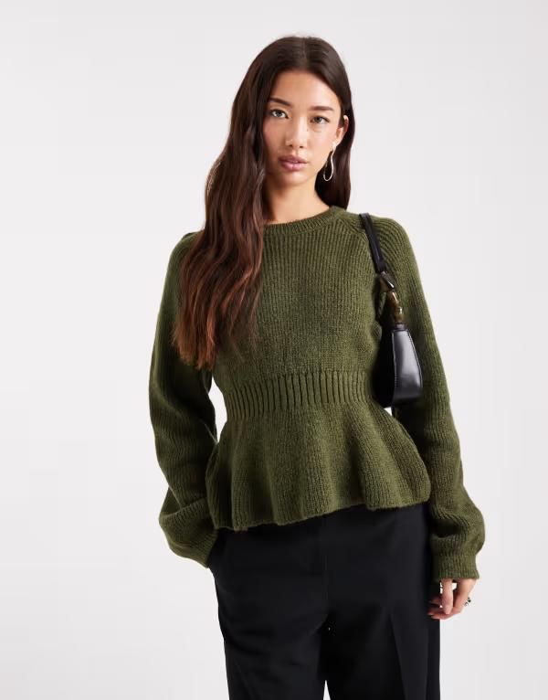 エイソス レディース アウター ニット・セーター ASOS DESIGN knit peplum sweater with cinch waist Khaki カーキ