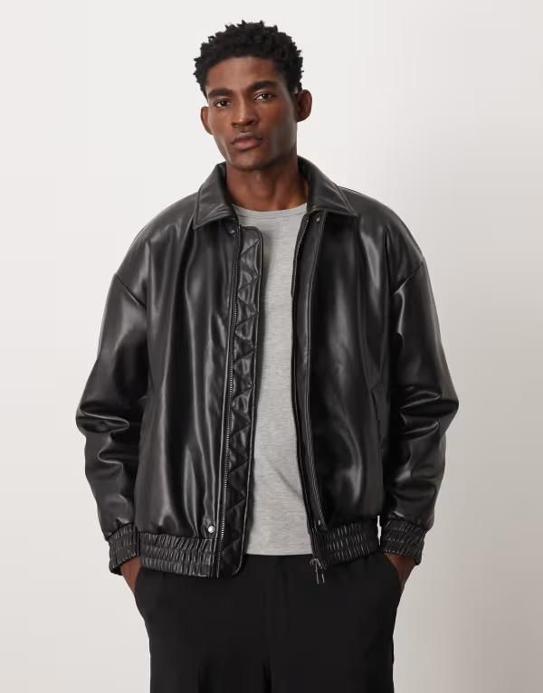 オンリーアンドサンズ メンズ アウター コート レザー フェイクレザー ジャケット ONLY SONS oversized faux leather padded bomber jacket Black ブラック