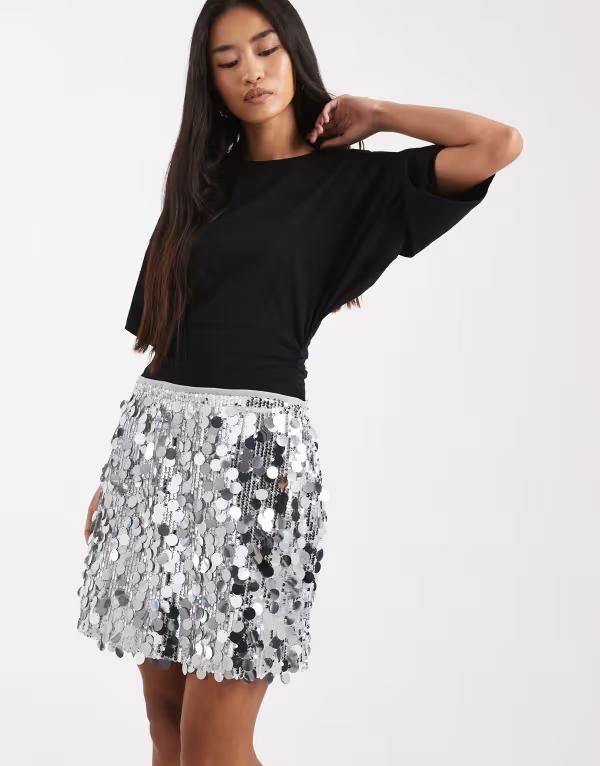ピーシーズ レディース ボトムス スカート ミニ スパンコール PIECES disc sequin mini skirt Silver color シルバー