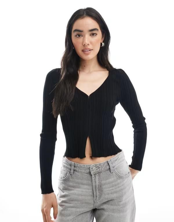 コットンオン レディース アウター カーディガン リブニット クロップド ニット Cotton On cropped rib knit cardigan Black ブラック