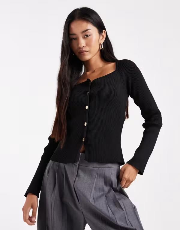 ミスセルフフリッジ レディース アウター カーディガン リブ ニット Miss Selfridge ribbed knit button top Black ブラック