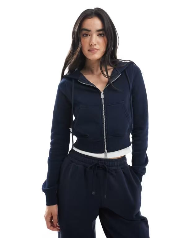 コットンオン レディース アウター パーカー・スウェット クロップド パーカー Cotton On cropped zip up hoodie in total eclipse part of a set Total eclipse