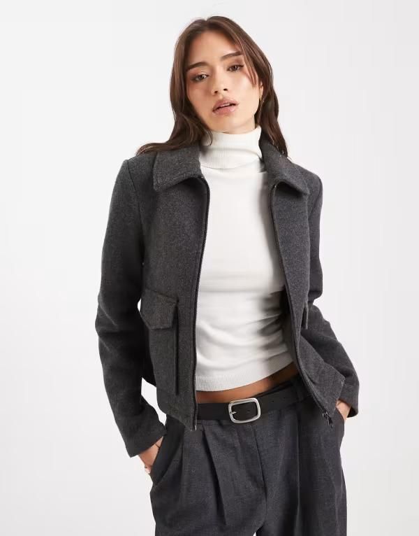 ヴェロモーダ レディース アウター ジャケット・ブルゾン クロップド Vero Moda cropped felt jacket with pockets in dark heather Dark Gray Melange グレー
