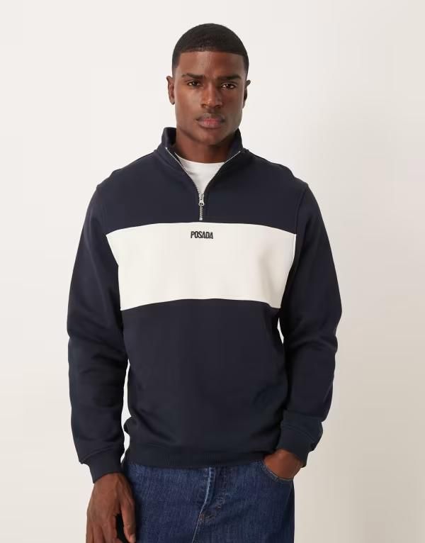 エイソス メンズ アウター パーカー・スウェット ハーフジップ プリント スウェット シャツ ASOS DESIGN quarter zip sweatshirt with color blocking and print NAVY ネイビー