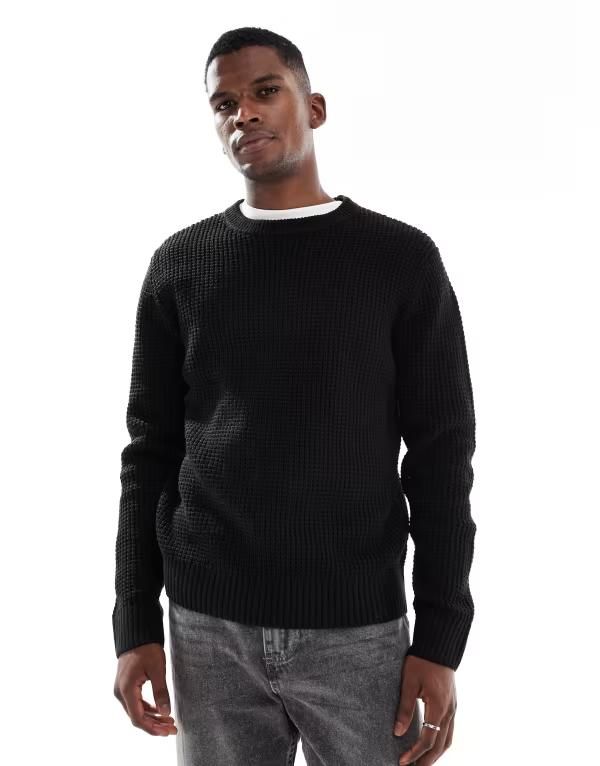 ジャック アンド ジョーンズ メンズ アウター ニット・セーター セーター ニット Jack Jones waffle knit sweater Black ブラック