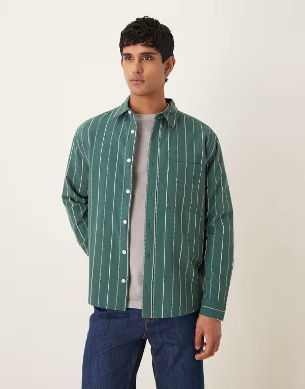 エイソス メンズ トップス シャツ ASOS DESIGN relaxed stripe shirt DARK GREEN グリーン