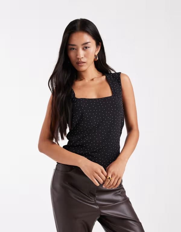 ヴェロモーダ レディース トップス Tシャツ Vero Moda reversible square neck slinky top with all over diamante embellishment Black ブラック