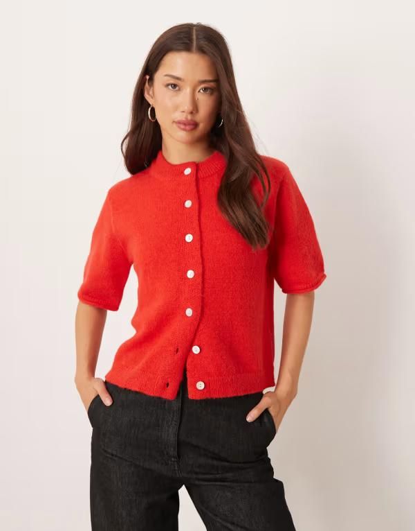 エイソス レディース トップス Tシャツ カーディガン ASOS DESIGN rolledge short sleeve cardigan Red レッド