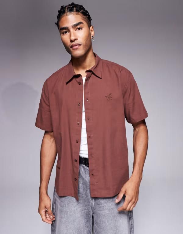 エイソス メンズ トップス シャツ ASOS DESIGN relaxed shirt with chest embroidery BROWN ブラウン