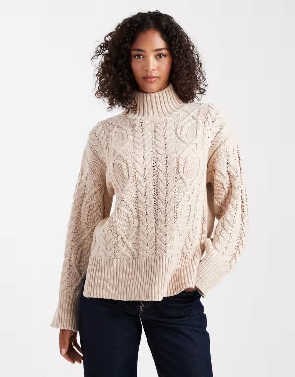 ブレーブソウル レディース アウター ニット・セーター ハイネック セーター ニット Brave Soul chunky cable knit high neck sweater in stone STONE ストーン