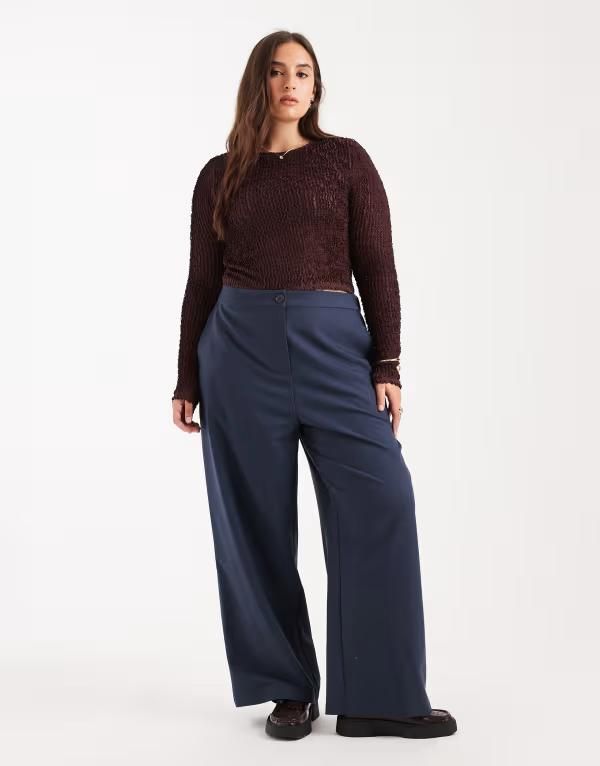 エイソス レディース ボトムス カジュアルパンツ ストレート パンツ ASOS Curve ASOS DESIGN Curve tailored relaxed straight leg pants navy ネイビー