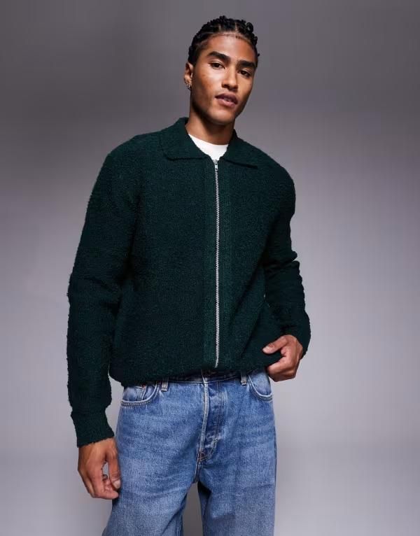 エイソス メンズ アウター カーディガン フルジップ ニット ASOS DESIGN relaxed knit boucle zip through cardigan in dark GREEN グリーン