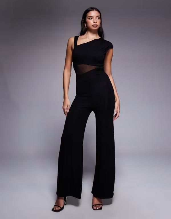 エイソス レディース トップス ジャンプスーツ カットアウト メッシュ ASOS DESIGN cut out mesh paneled jumpsuit Black ブラック