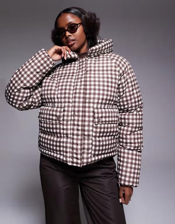 スリードベア レディース アウター コート ギンガムチェック プリント ギンガム Threadbare Ski puffer coat with hood gingham print BROWN ブラウン