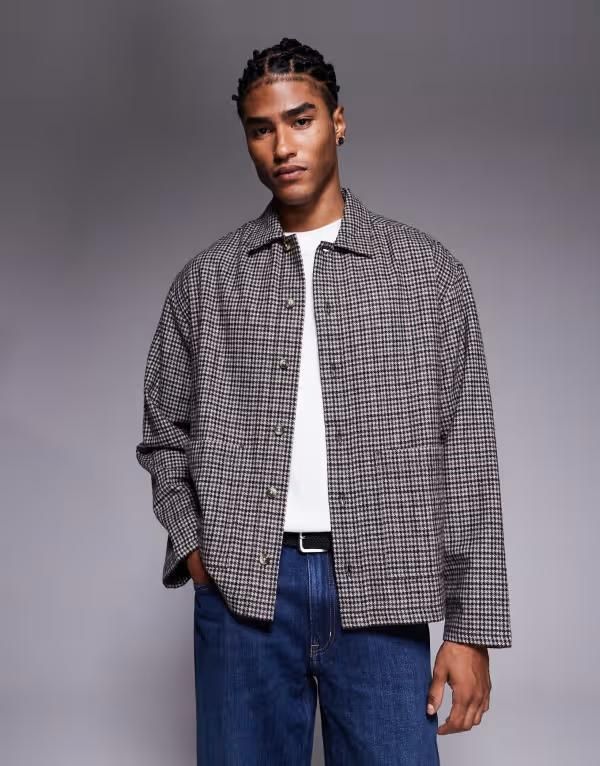 エイソス メンズ トップス シャツ ウール ASOS DESIGN boxy oversized micro plaid wool mix shirt BROWN ブラウン