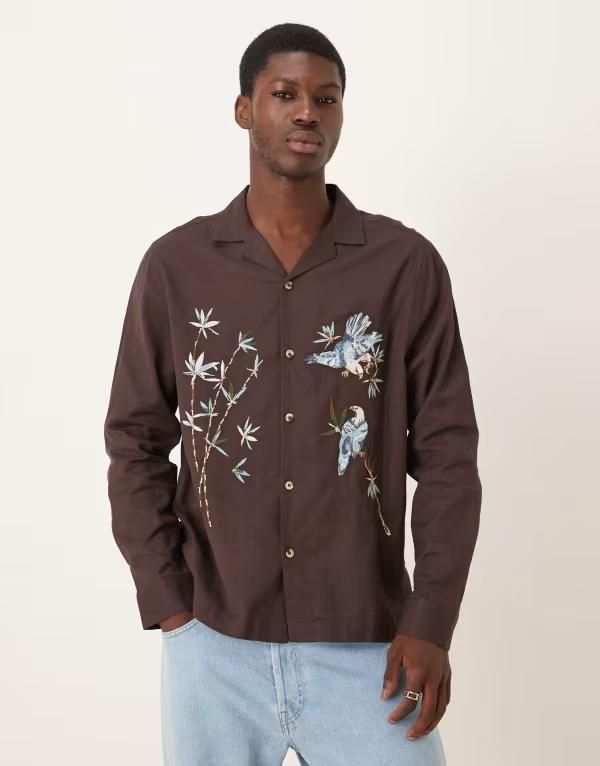 エイソス メンズ トップス シャツ ASOS DESIGN relaxed revere shirt with embroidery BROWN ブラウン 7,860円
