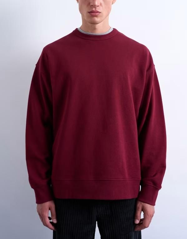 トップマン メンズ アウター パーカー・スウェット オーバーサイズフィット スウェット シャツ Topman premium lightweight oversized fit sweatshirt Burgundy バーガンディ
