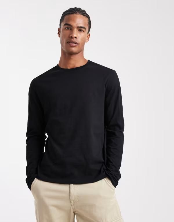 エイソス メンズ トップス Tシャツ クルーネック シャツ ASOS DESIGN essentials crew neck long sleeve Tshirt Black ブラック