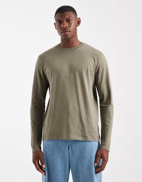 エイソス メンズ トップス Tシャツ クルーネック シャツ ASOS DESIGN Essentials crew neck long sleeve Tshirt Dusty olive オリーブ