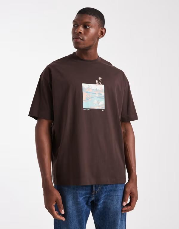 エイソス メンズ トップス Tシャツ グラフィック ASOS DESIGN oversized Tshirt with scenic graphic Java ブラウン