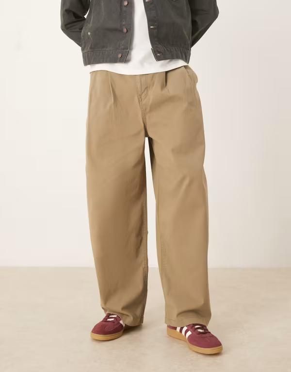 エイソス メンズ ボトムス カジュアルパンツ パンツ ASOS DESIGN oversized baggy pull on pants with pleat detailing BEIGE ベージュ