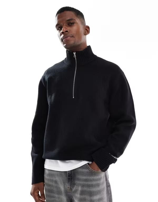 ジャック アンド ジョーンズ メンズ アウター ニット・セーター セーター Jack Jones oversize thick 14 zip sweater Black ブラック
