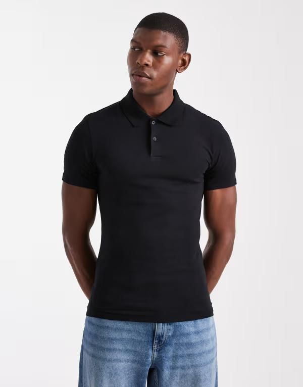 エイソス メンズ トップス ポロシャツ ASOS DESIGN essentials muscle fit polo Black ブラック