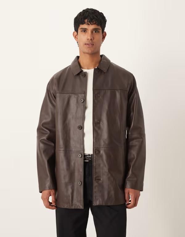 エイソス メンズ アウター ジャケット・ブルゾン レザー ASOS DESIGN mid length leather shacket BROWN ブラウン
